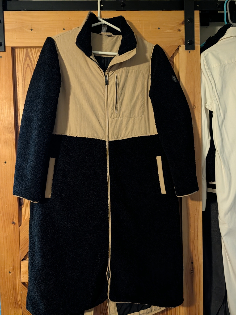 Sweaty Betty Black and Tan Two-Tone Teddy Long Coat